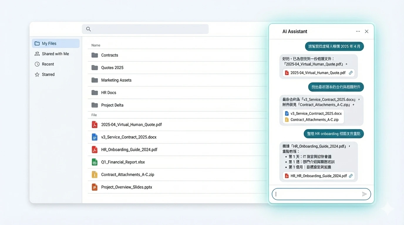 Secure AI Cloud Drive UI with an AI Assistant chat panel showing a file-finding workflow